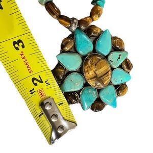 Large .925 Silver Tigers Eye & Turquoise Handmade Floral Natural Stone Necklace